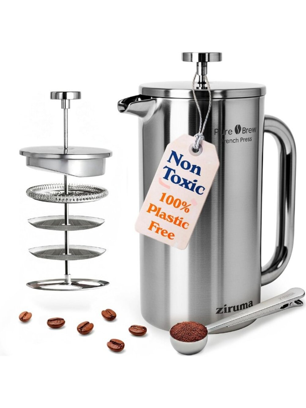 Eco-Friendly Stainless Steel French Press, 34 oz, Non-Toxic, No Plastic, Heavy